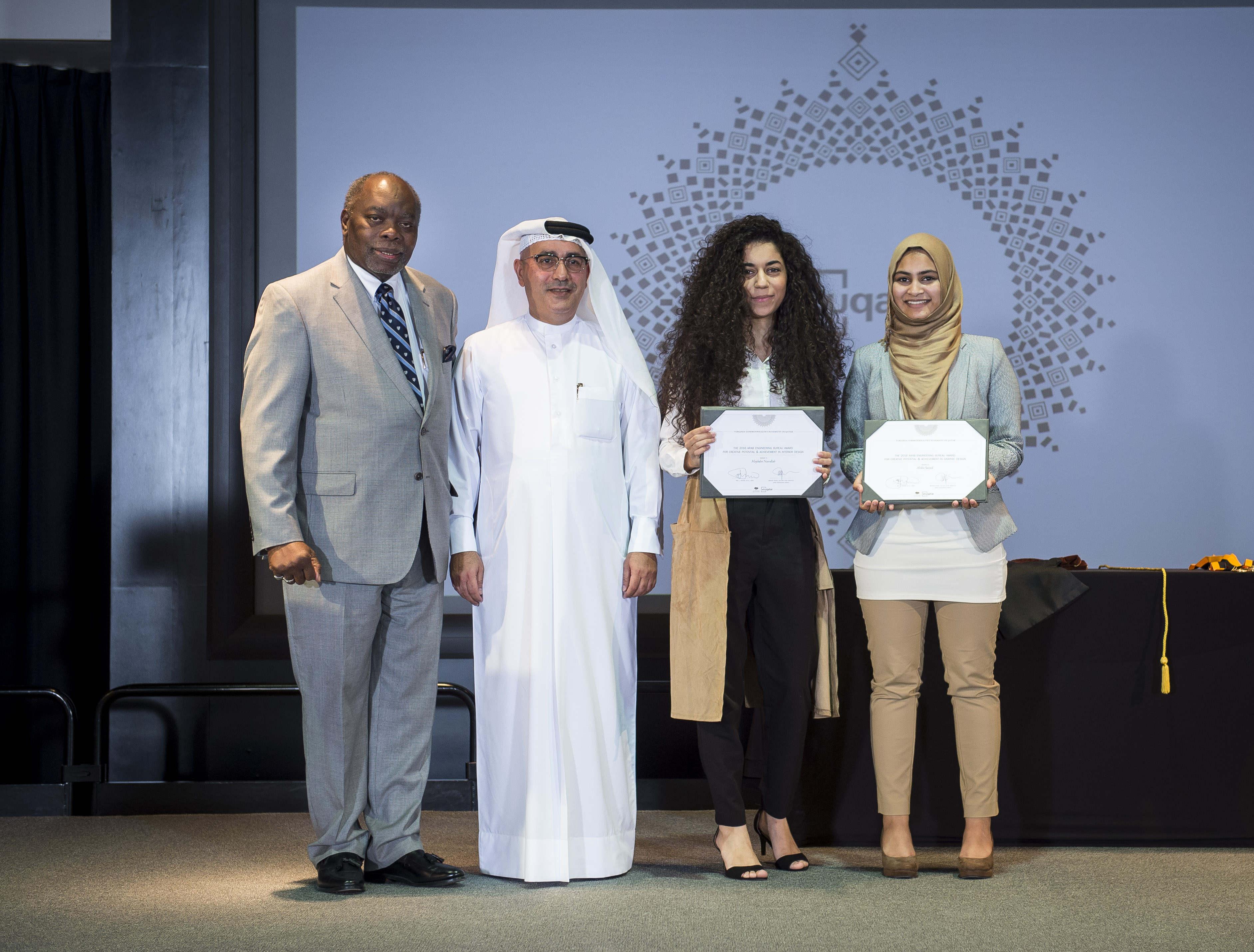 Left to Right-VCUQatar Dean Akel I. Kahera-AEB Group CEO Ibrahim Jaidah-Majdulin Nasrallah-Alisha Saiyed.jpg